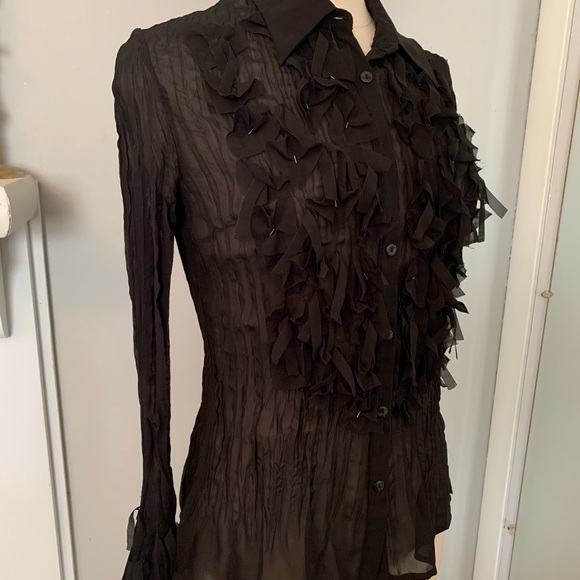 Sheer Black ruffle Blouse Fringe long sleeve Bell cuffs Size M Mob Wife Hot goth - Picture 2 of 10